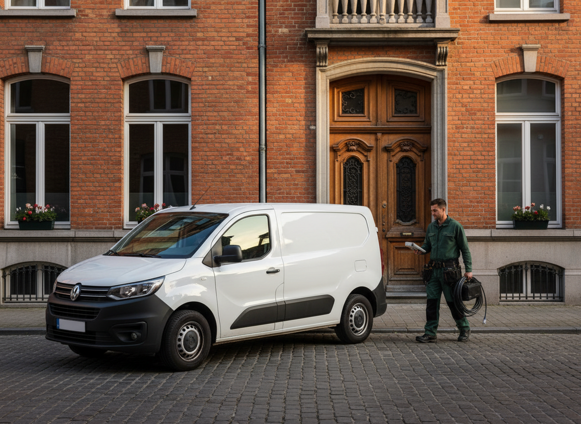 Camionnette de débouchage devant une maison bruxelloise en briques
