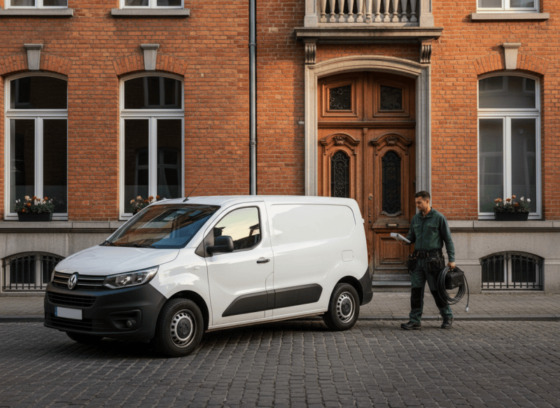 Camionnette de débouchage devant une maison à Evere