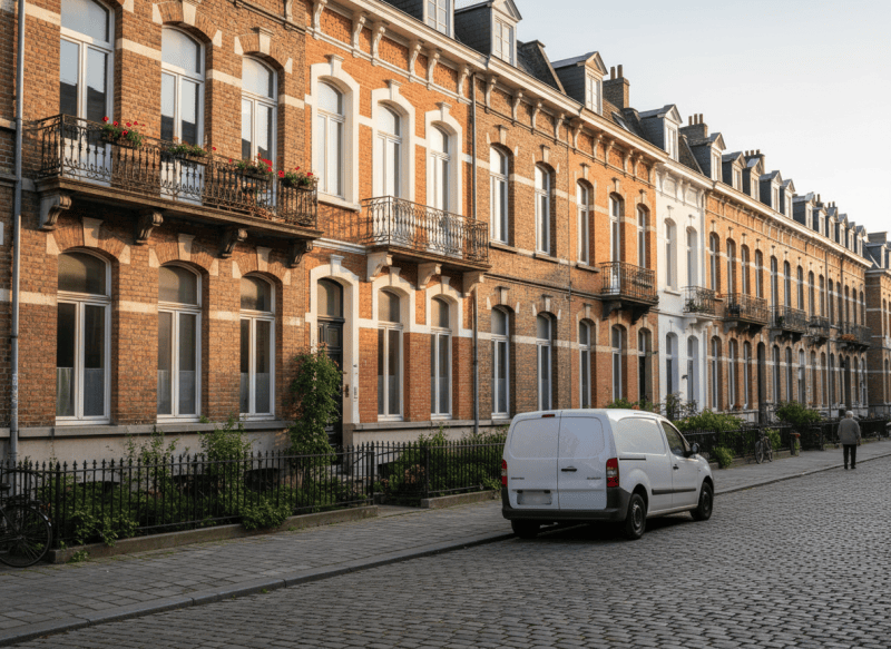 Rue de Bruxelles-Ville bordée de maisons anciennes où intervient un déboucheur