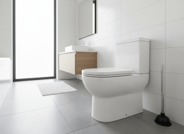 Cuvette de WC bouchée et pompe à déboucher dans une salle de bain à Bruxelles