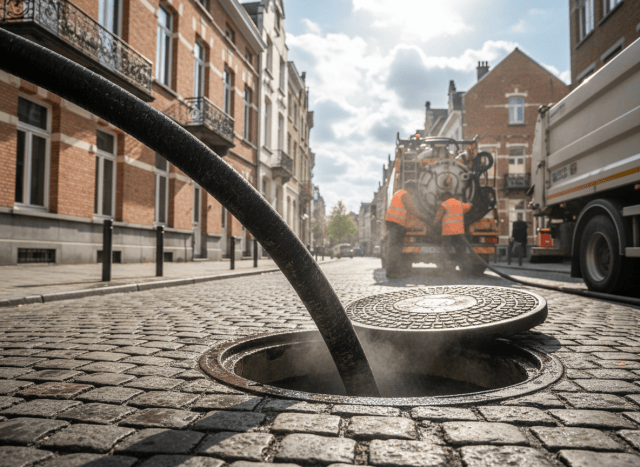 Hydrocurage haute pression d'une canalisation de WC très bouchée à Bruxelles