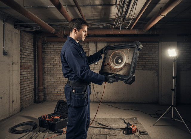 Technicien qui localise un bouchon sur l'écran d'une caméra d'inspection de canalisation